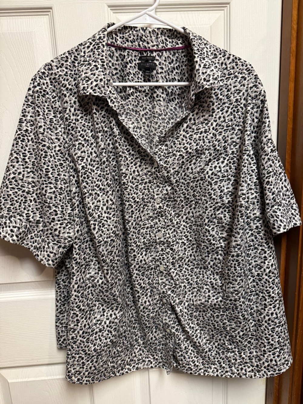 Talbots Black and White Leopard Print Button-Front Blouse